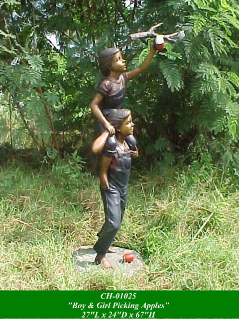 Bronze Young Boy and Girl Picking Apples Bronze Young Boy and Girl Picking Apples